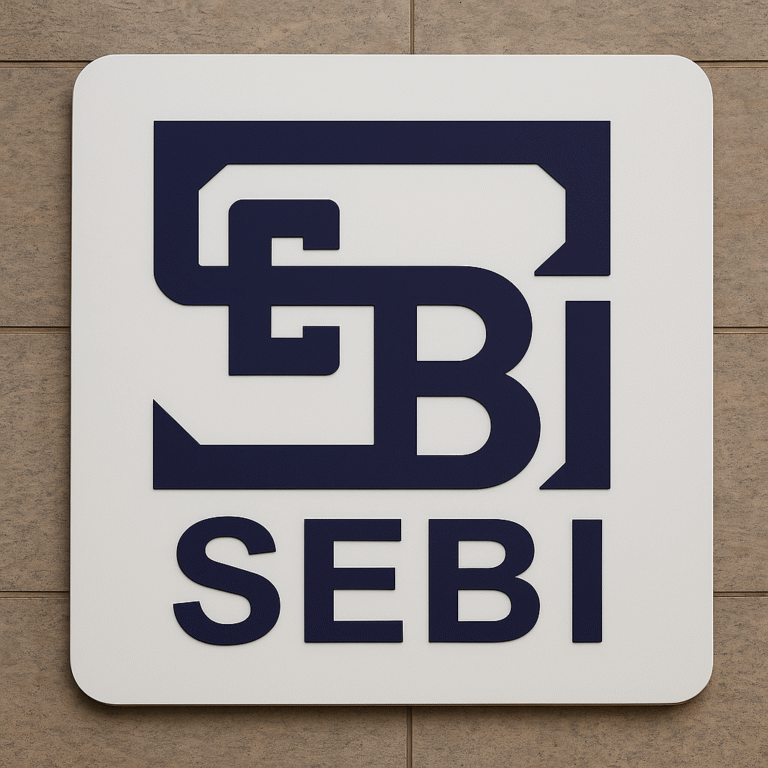 "SEBI (Securities and Exchange Board of India) logo displayed on a modern rectangular sign mounted on a beige stone wall."