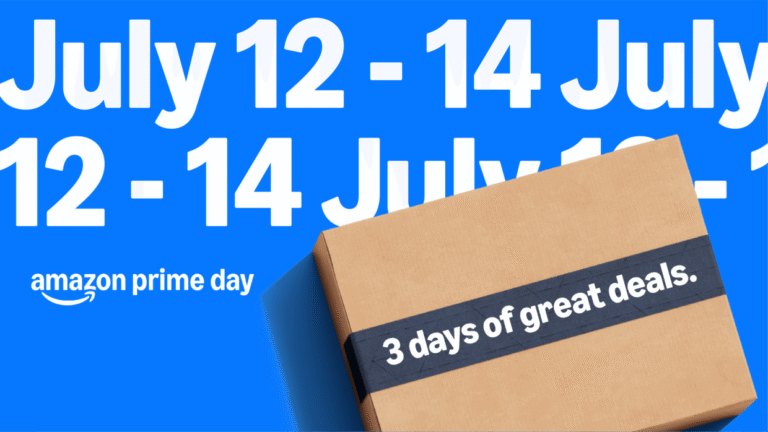 An Apple product display including an iPhone, AirPods Pro 2, iPad Air, and Apple Watch Series 10 on a wooden table with Prime Day banners in the background.
